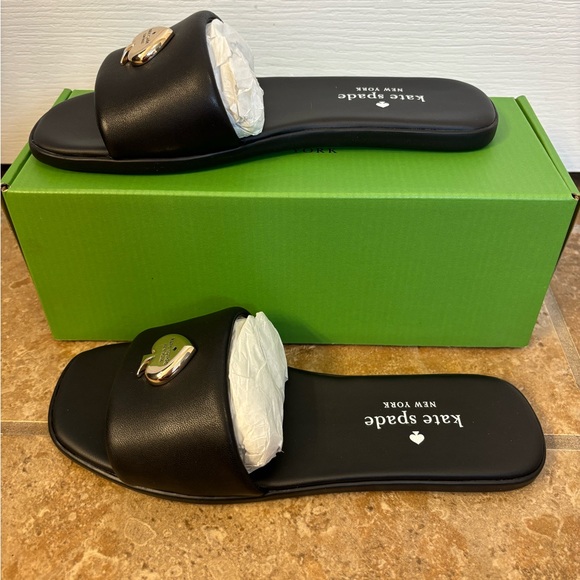 NIB Ladies Kate Spade Kendall Black Slides with Gold Logo Size 7 - Picture 4 of 7